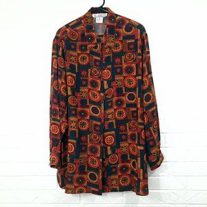 Vintage 90's SK & Company Colorful Geometric Print 100% Silk Blouse